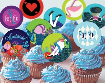 Alice in Wonderland Cupcake Toppers Instant Download | Wonderland Party Treat Favor Decorations Circle Tags "Eat Me" 2in Printable