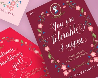 Jane Austen Sarcastic Valentine Cards (Set of 18) | Valentine Party Classroom Cards | Funny Valentines | Printable Digital Instant Download