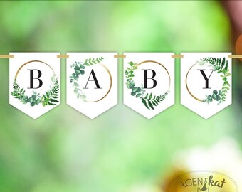 Winter Baby Greenery Flag Garland Bunting Banner Easy Printable, Modern Minimalist Botanical Gender-Neutral Baby Shower PDF Instant Download