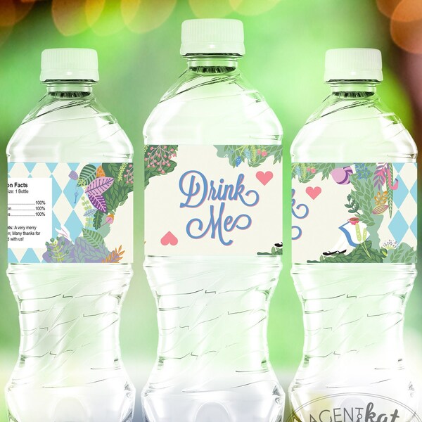 Alice in Wonderland Water Bottle Drink Wrappers Labels PASTEL | Alice in Onederland Party Digital Printable