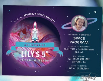 Space Girl Photo Invitation | Astronaut Outer Space Party Planet Invite | Rocket "Space Shuttle" Spaceship Birthday | Printable Digital