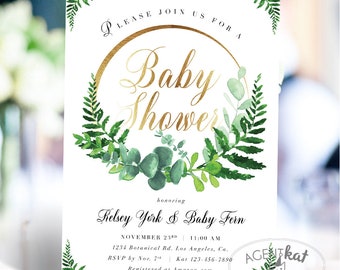 Greenery & Gold Gender-Neutral Baby Shower Invitation, Modern Minimalist Botanical Printable Digital Invite, Fern Eucalyptus Bouquet Wreath