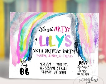 Rainbow Pink Pastel Painting Art Party Invitation | Art Show Invite | Watercolor Artist Coloring Birthday | "Let's Get Artsy" Kid Digital