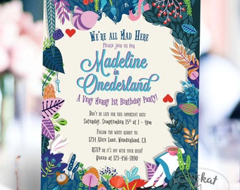 Onederland Alice in Wonderland 1st Birthday Invitation, "One-derland" First Bday Garden Tea Party Invite, Mad Hatter Digital Printable Evite