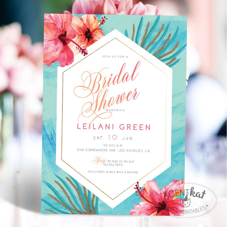 Hawaiian Bridal Shower Invitation Geometric Tropical Flowers Etsy