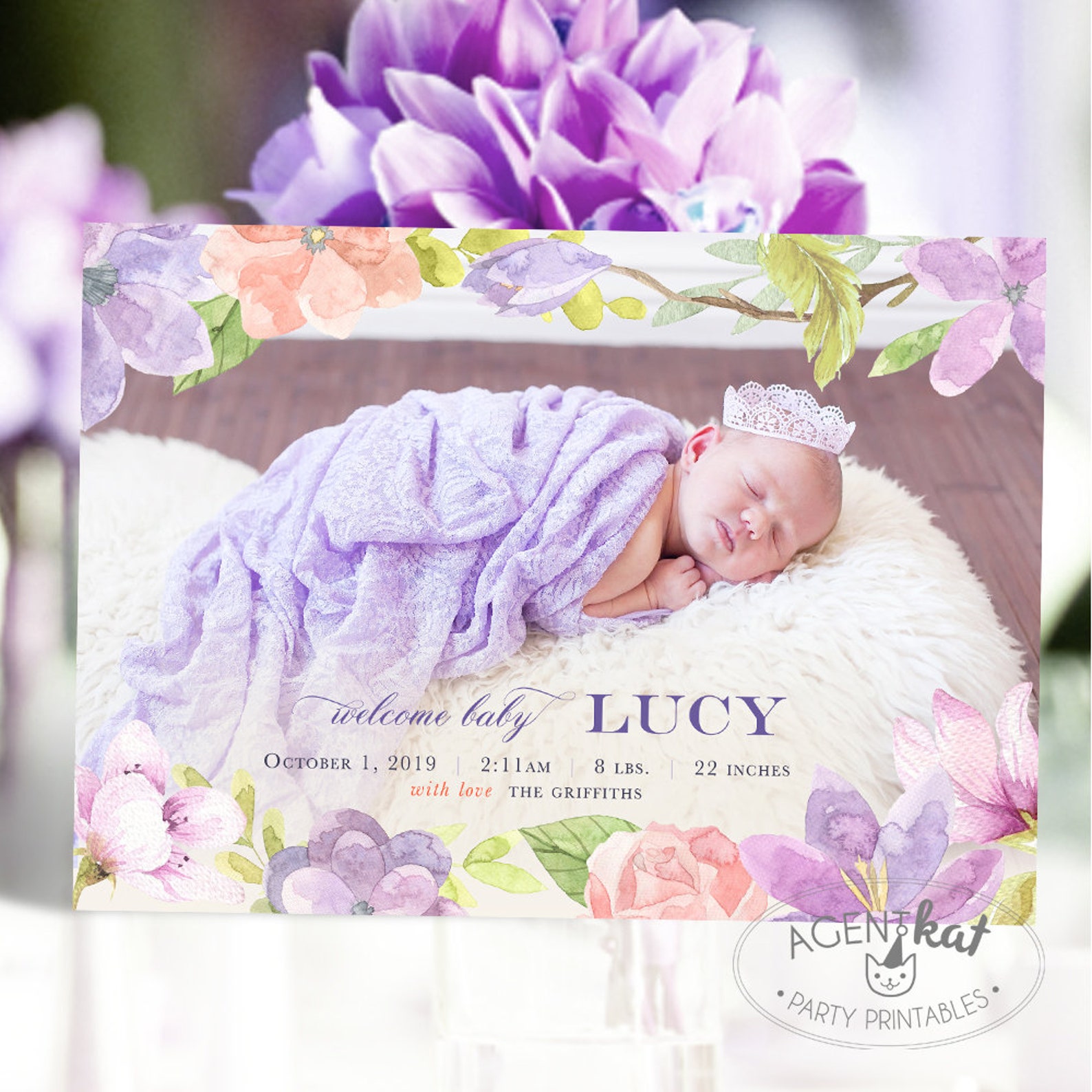 Purple Floral Birth Announcement Baby Girl Etsy