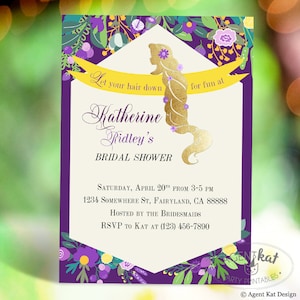 Rapunzel Bridal Shower Invitation | Elegant Princess Fairytale Golden Hair Flower Silhouette Purple &quot;Let Your Hair Down&quot; Printable DIY