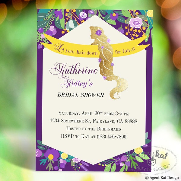 Rapunzel Bridal Shower Invitation | Elegant Princess Fairytale Golden Hair Flower Silhouette Purple "Let Your Hair Down" Printable DIY