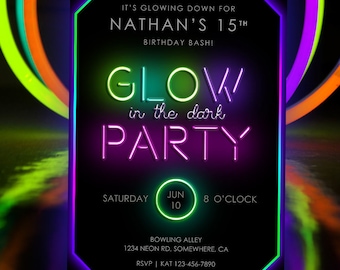 Glow In the Dark Party DIGITAL Invitation | Birthday Glow In the Dark Dance | Neon Glow Stick Ring Blacklight Laser Tag Party | Printable