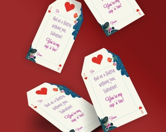 Alice in Wonderland Valentine Cards Tags | Valentine's Day Class Party Tea Bag | Playing cards hearts "Mad Hatter" Printable