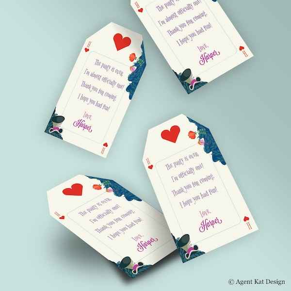 Alice in Wonderland Thank You Favor Tags CUSTOMIZED | Garden Party Tea Bag | Playing cards hearts "Mad Hatter" One-derland Printable