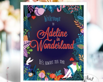 Alice in Wonderland Dark Party Table Sign Centerpiece | "It's Always Tea Time" Onederland Birthday Custom Wording Poster Printable Digital