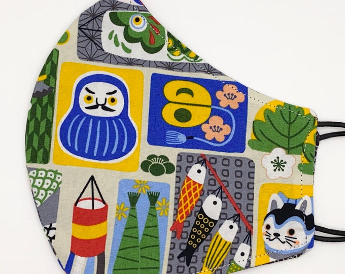 ADULT Mask - Japanese - Obon - Koi Fish - Daruma Doll - Bazaar - Unisex - Midori Kai - Japan - Nikkei - Washable Reversible Reusable Fabric