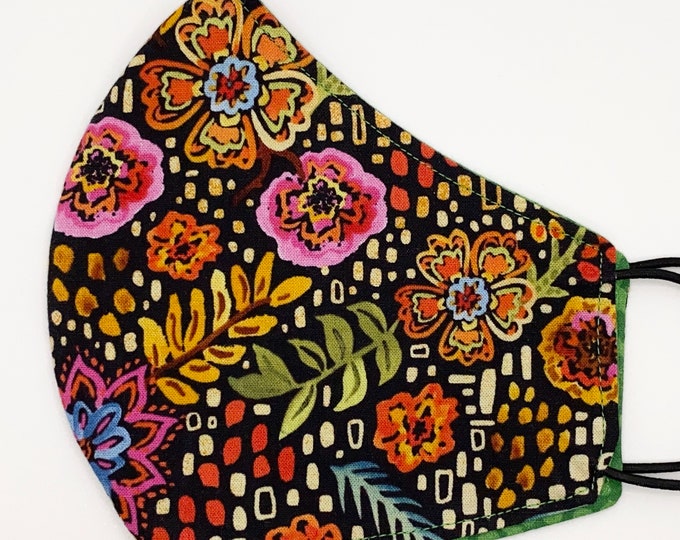 ADULT Mask - Bright Floral Watercolor - Batik - Green - Flowers - Geometric - Bold - Pretty - Stylish - Washable Reversible Reusable Fabric
