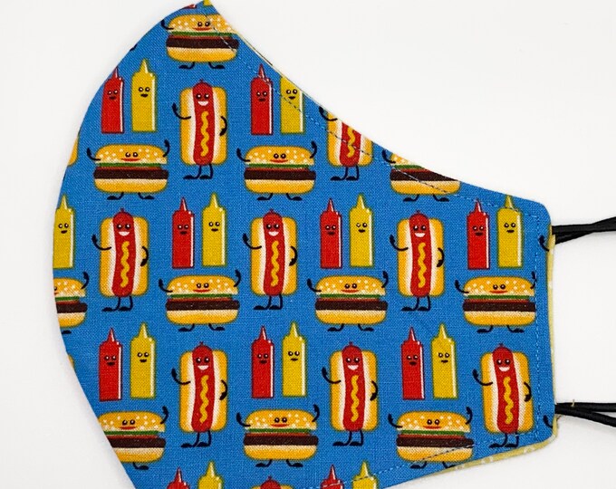 ADULT Mask - Hot Dogs and Hamburgers - Ketchup and Mustard - Happy Cute Food - Kawaii - BBQ - Blue - Washable Reversible Reusable Fabric