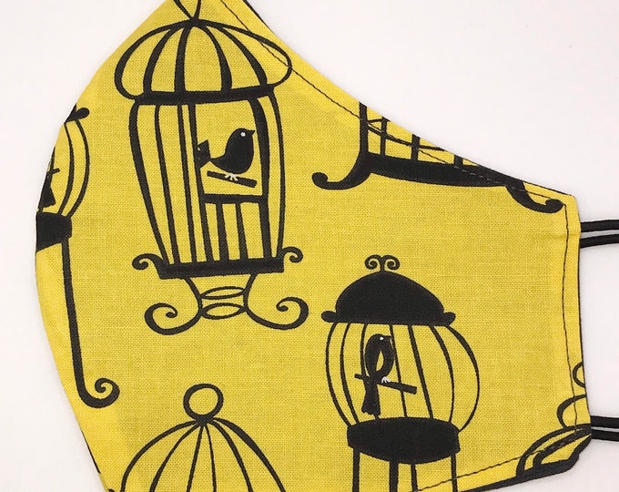 ADULT Mask - Bird Cages - Yellow Black - Solid Gray - Grey - Bright Yellow - Tweety - Victorian - Washable Reversible Reusable Fabric