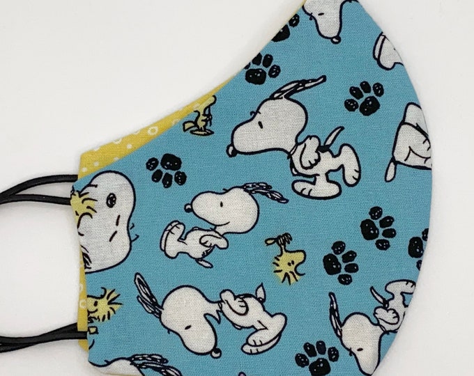 CHILD Mask - Snoopy - Woodstock - Peanuts Bird - Charlie Brown - Blue - Unisex - Kids Mask - Comic - Washable Reversible Reusable Fabric