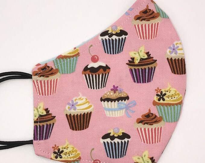 CHILD Mask - Pink Cupcakes - Retro Starburst -  Bakery - Sweets - Cupcake - Desserts - Kids Mask - Washable Reversible Reusable Fabric