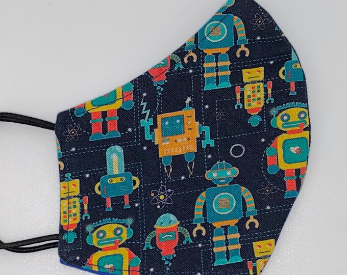 CHILD Mask - Robots - Boys - Navy Blue - Tech - Space - Science - STEM - Easy to Breathe - Blue - Kids - Classroom - School - Comfortable