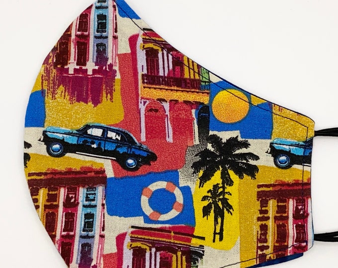 ADULT Mask - Havana - Palm - Tropical - Island - Beachy - Vintage Cars - Sunset - Mens - Blue - Washable Reversible Reusable Fabric