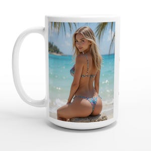 May include: White ceramic mug featuring a vibrant image of a person in a colorful bikini sitting on a rock near a tropical beach. The background includes turquoise water, palm trees, and a clear blue sky.