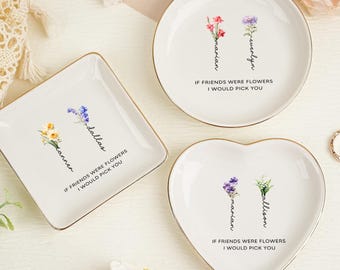 Sieradenschaaltje met geboortebloem, keramische ringhouder met naam, verjaardagscadeau, elegant sieradenschaaltje