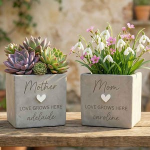 Spersonalizowana betonowa doniczka, spersonalizowana doniczka dla mamy, grawerowana doniczka na sukulenty, prezent na Dzień Matki dla mamy i babci, minimalistyczna betonowa doniczka