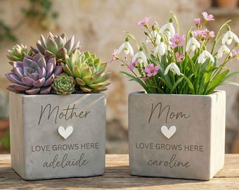 Personalized Concrete Planter, Custom Plant Pot For MOM, Engraved Succulent Pot, Mother's Day Gift for mum grandma,Minimalist Cement Planter