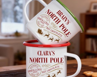 Taza de chocolate caliente personalizada para niños, taza de cacao esmaltada navideña con nombre personalizado, 10 oz y 15 oz, ideal para Nochebuena, como regalo para calcetines navideños.