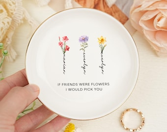 Gepersonaliseerd ringbakje met geboortebloem, op maat gemaakt keramisch sieradenbakje, elegant sieradenbakje, cadeau voor bruidsmeisjes