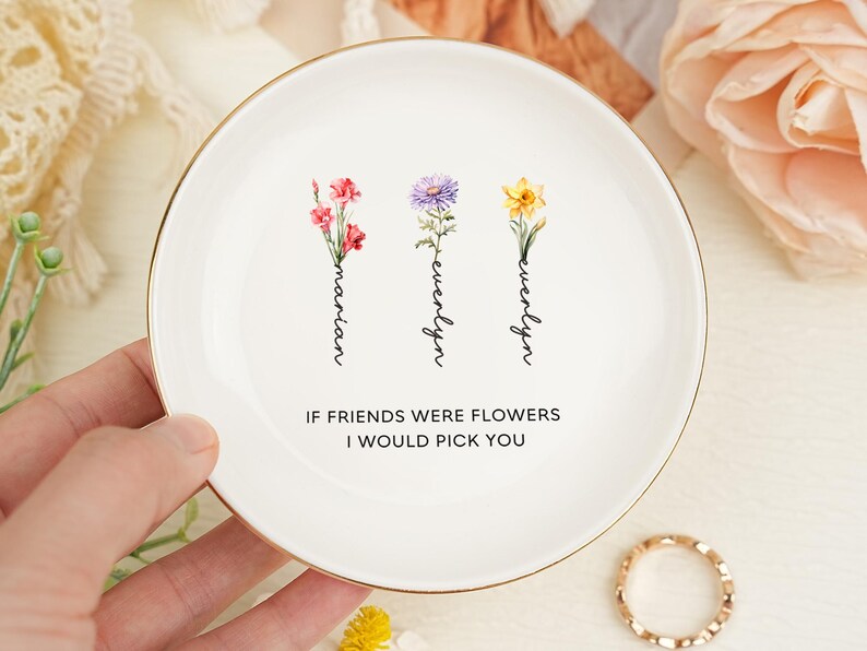 Custom Name Ring Dish,Dainty Jewelry Dish,Birth Flower Jewelry Dish Personalized,Best Friend Flower Ring Dish,Birthday Gifts,Bridesmaid Gift image 2
