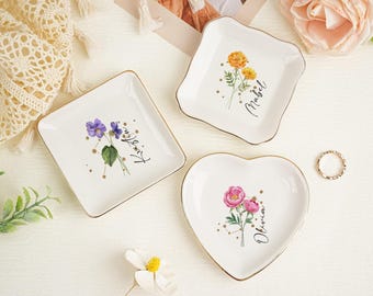Personalized Birth Flower Ring Dish, Zodiac and Flower with Constellation Trinket Dish,Constellation Jewelry Dish, Birth Flower Trinket Dish