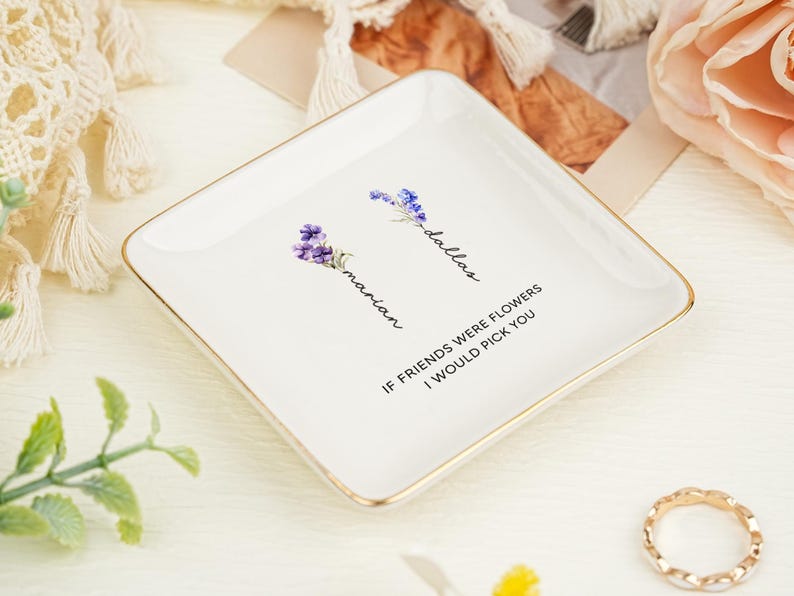 Custom Name Ring Dish,Dainty Jewelry Dish,Birth Flower Jewelry Dish Personalized,Best Friend Flower Ring Dish,Birthday Gifts,Bridesmaid Gift image 10
