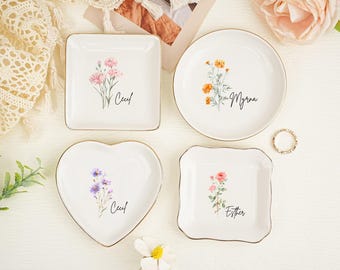 Best Friend Flower Ring Dish,Birth Flower Jewelry Dish Personalized,Birthday Gifts,Custom Name Ring Dish,Dainty Jewelry Dish,Bridesmaid Gift