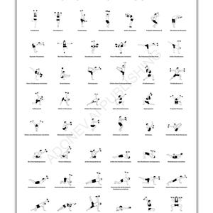 May include: A white poster with black text and illustrations. The title "IRON SYNTEGRA ASCENT" is at the top. The poster features a series of stick figure illustrations demonstrating various dumbbell exercises. The illustrations are arranged in rows and columns.