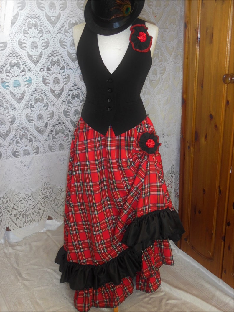 Steampunk Clothing, Fashion, Costumes     womans skirt bustle long tartan plaid red black hitch victorian steampunk gothic maxi wedding size s m l xl 10 12 14 16 18 20 22 24 26 28  AT vintagedancer.com