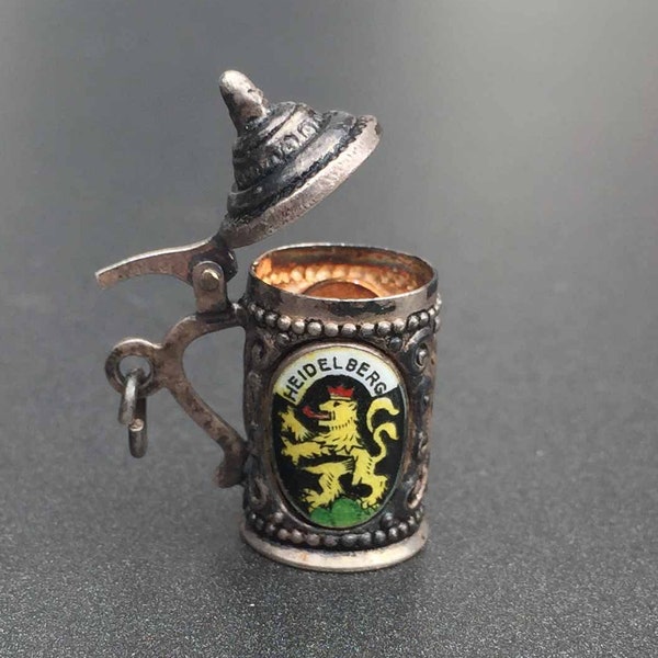 Sterling Silver Beer Stein Charm, Beer Mug Charm, Beerfest Charm, Vintage Heidelberg & Schloss, Moving Charm, Mechanical Charm, Germany