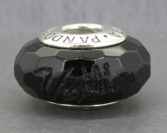 Sterling Silver Pandora Black Glass Charm with Las Vegas Etching, S925 ALE