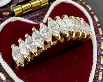 Vintage 14K Gold 1 CTW Marquise Diamond Ring, VS2 E/F, Size 7, 11 Diamond Anniversary Band, Estate Fine Jewelry