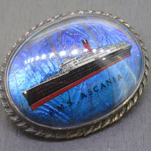 Vintage Sterling RMS Ascania Brooch Souvenir with Painted Blue Butterfly Wing, Cunard Line