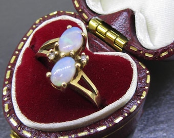 Vintage 10K Gold Natural Opal & Diamond Ring, Double Opal Ring, October Birthstone Ring, Size 5.75, Vintage Fine Jewelry