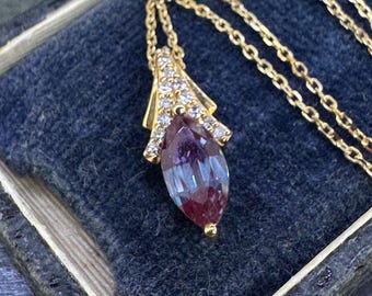 Vintage 10K Gold Color Change Pendant Necklace, Diamond Accents, Marquise Purple Blue Gemstone, Possible Lab Created Alexandrite