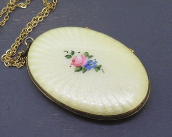 Vintage Evans Enamel Locket Necklace with Soft Yellow Guilloche Enamel and Pink Flowers on 18" Chain, Vintage Jewelry Cottage Chic