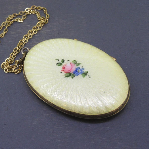 Vintage Evans Enamel Locket Necklace with Soft Yellow Guilloche Enamel and Pink Flowers on 18" Chain, Vintage Jewelry Cottage Chic