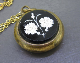 Antique Black & White Glass Flower Pendant Necklace, Double Sided with Athena on Reverse, 18" Gold Plated Chain