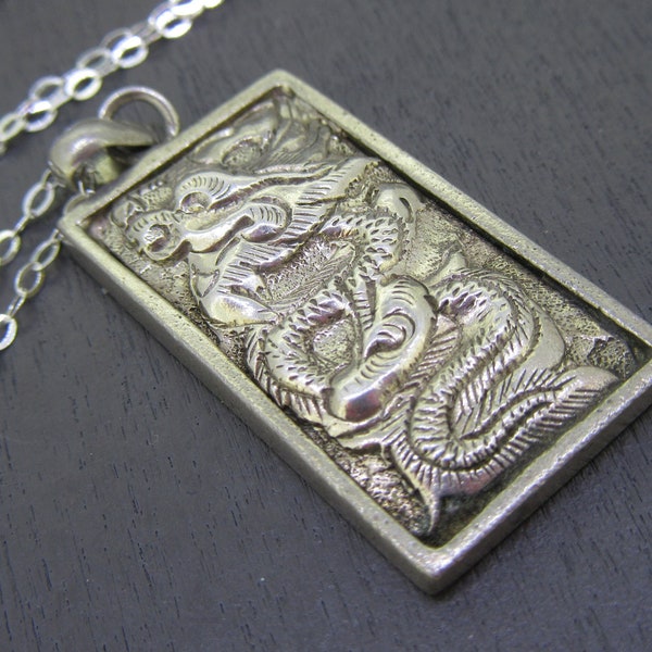 Vintage Sterling Dragon Pendant Necklace with Sanxing Dieties or Three Stars, Gods of Celestial Bodies, Fu, Lu, and Shou 福祿壽