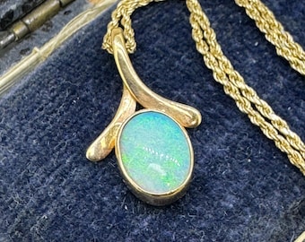 Vintage 14k Gold Opal Pendant Necklace, Natural Opal Pendant, 10k Gold Rope Chain, 17 Inch Fine Gold Necklace