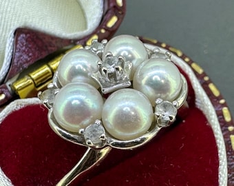 Vintage 14K White Gold Cultured Pearl & Diamond Ring, Pearl Cluster Flower Ring with Stars, Size 6, Estate Fine Jewelry