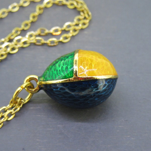 Vintage Joan Rivers Patchwork Enamel Egg Pendant Necklace with Colorful Guilloche Enamel on 18" Gold Tone Chain, Colorblock Jewelry