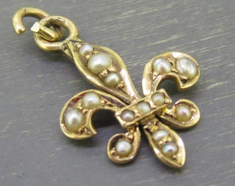 Antique 14k Gold Fleur De Lis Charm with Seed Pearls